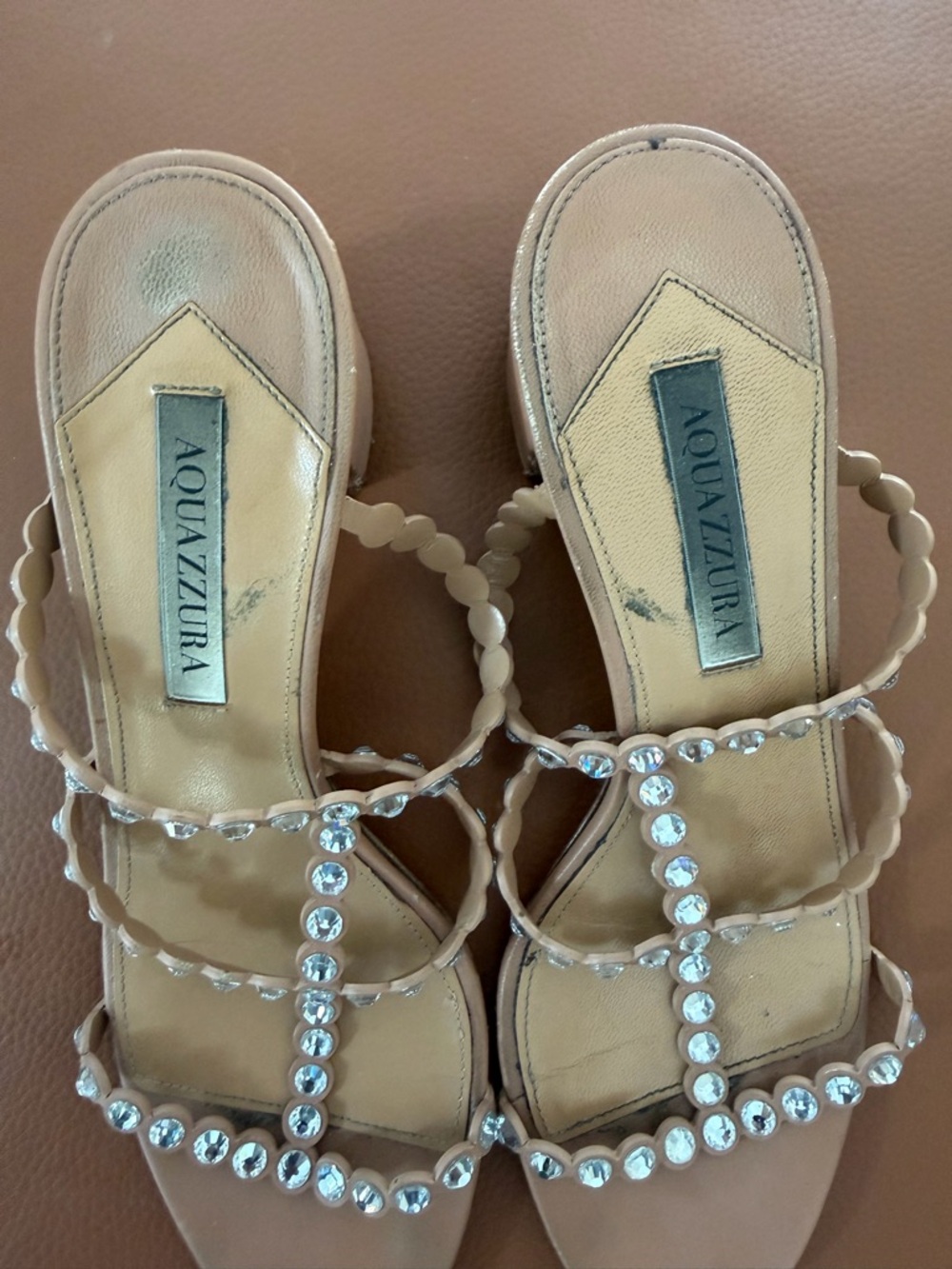 Aquazzura Tequila Crystal Embellished Leather Mules Nude Size 40 Block Heel - Picture 3 of 7